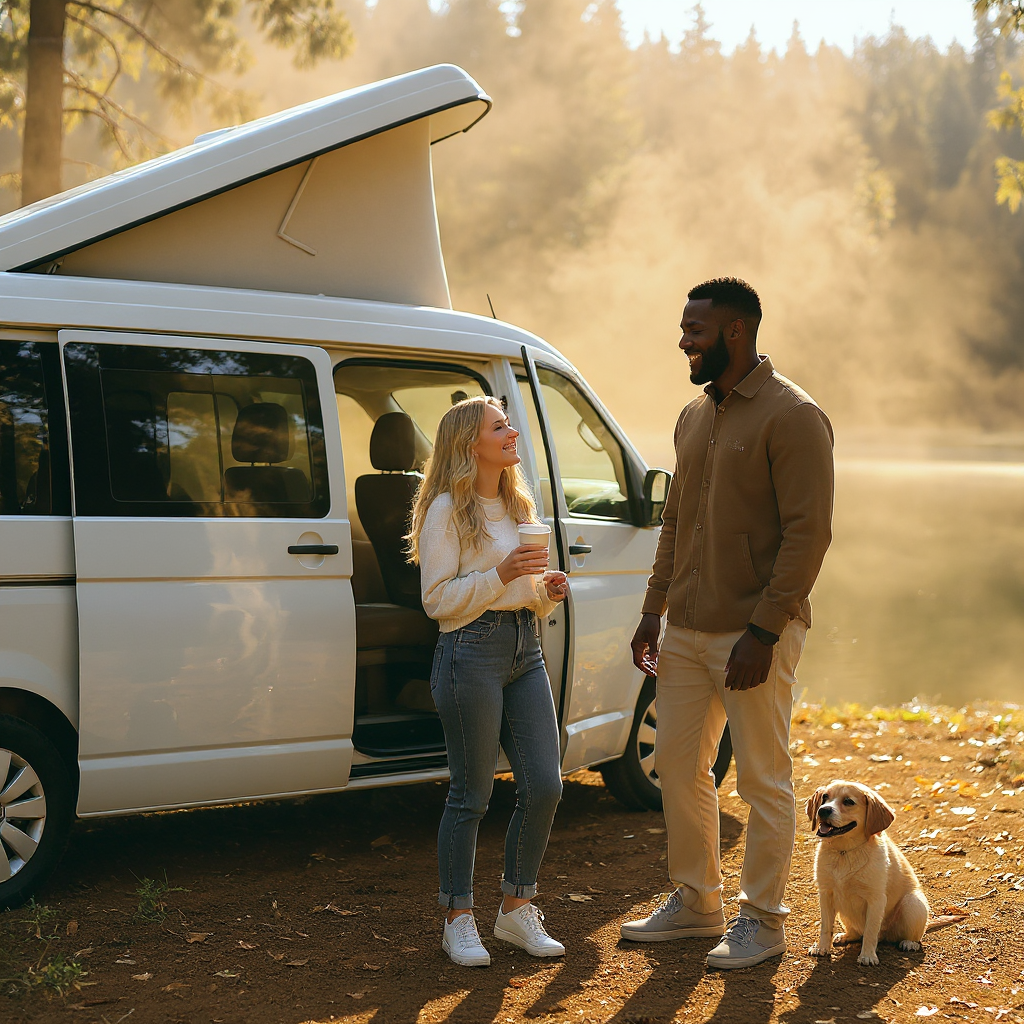 Campervan with a young couple and a small dog by a lake in autumn